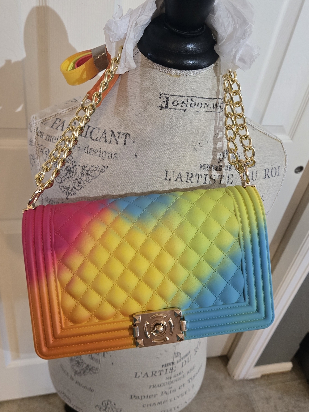 Rainbow PVC Purse W/Chain Shoulder Bag - Multicolor